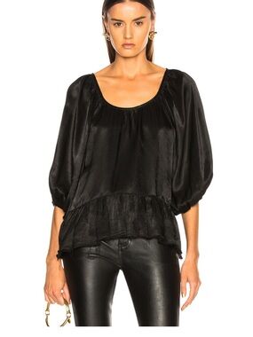 Raquel Allegra Pebble Satin Peasant Ruffle Top in Taupe Beige - Size 2